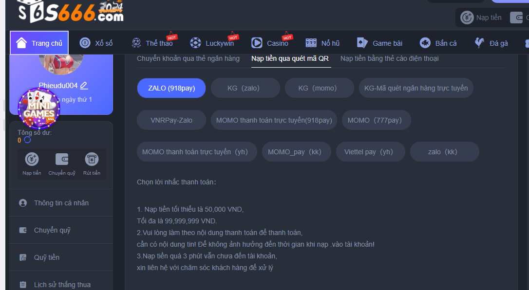 Người chơi dễ dàng chọn từng phương thức nạp tiền S666